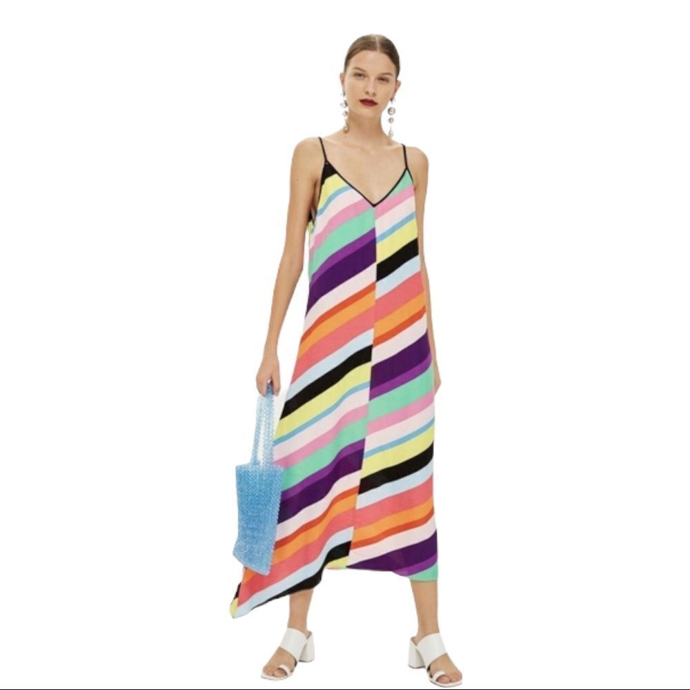 NWT Topshop Rainbow Contrast Stripe Maxi Slip Dress Size 4